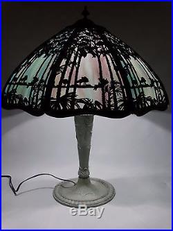Antique Art Deco 8 Panel Blue Slag Glass Table Lamp