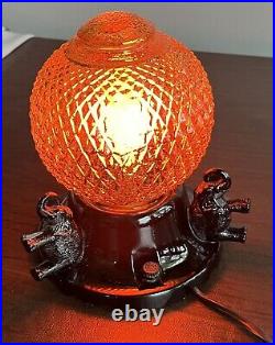 Antique Art Deco Black Glass 3 Sitting Elephant Boudoir TV Lamp With Shade Rare