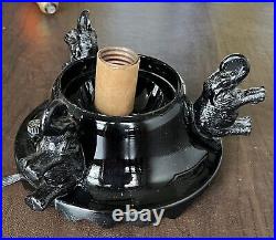 Antique Art Deco Black Glass 3 Sitting Elephant Boudoir TV Lamp With Shade Rare