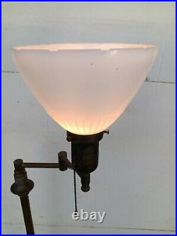 Antique Art Deco Brass Swing Arm Floor Lamp with Milk Glass Shade c. 1920's