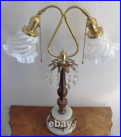 Antique Art Deco Brass and Onyx Double Bridge Table Lamp with Art Glass Shades