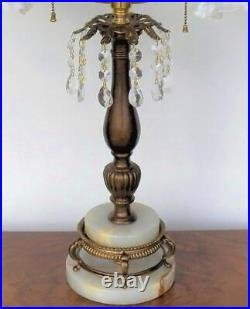 Antique Art Deco Brass and Onyx Double Bridge Table Lamp with Art Glass Shades