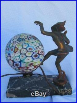 Antique Art Deco Bronze Gerdago Pixie Lamp with Milifiore Glass Globe 1925-30