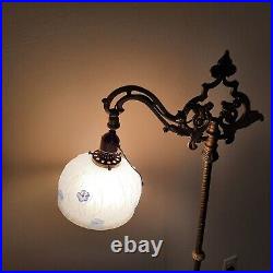 Antique Art Deco Cast Iron/Brass Bridge Floor Lamp with White Glass Globe Shade