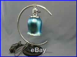 Antique Art Deco Era Chrome Table Lamp Blue Aurene Glass Shade Rewired