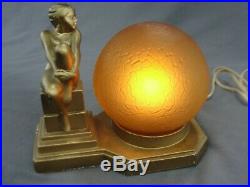 Antique Art Deco Frankart Nuart Gold Nude on Pedestal Lamp Amber Globe Shade