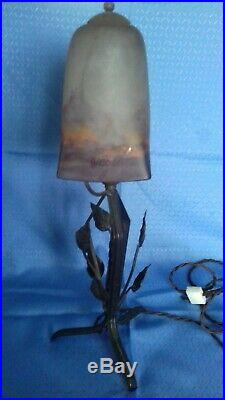 Antique Art Deco French Lamp Degué. 1930 glass and wrought iron signed