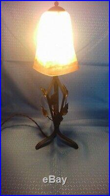Antique Art Deco French Lamp Degué. 1930 glass and wrought iron signed