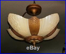 Antique Art Deco Glass Slip Shade Ceiling Chandelier 5 Lamp Iron Ceiling Fixture