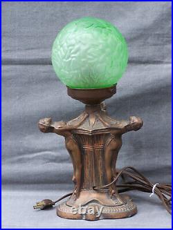 Antique Art Deco Lamp 3 Nude Ladies with Frankart Frosted Green Glass Brain Globe
