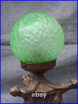 Antique Art Deco Lamp 3 Nude Ladies with Frankart Frosted Green Glass Brain Globe