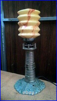 Antique Art Deco Lighthouse Table Lamp Desk Light With Marbled Glass Shade