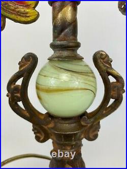 Antique Art Deco Metal Slag Glass Cold Painted Parrot Cage Boudoir Figural Lamp