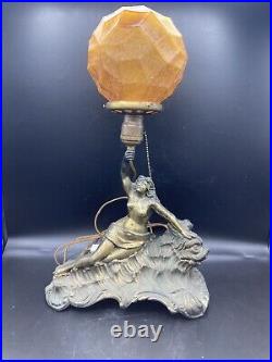 Antique Art Deco Nautical Nude Lady Lamp Crackle Glass Globe Shade Works