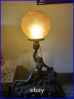 Antique Art Deco Nautical Nude Lady Lamp Crackle Glass Globe Shade Works