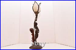 Antique Art Deco Nouveau Nude Figural Lady Lamp W Slag Glass Tulip Shade