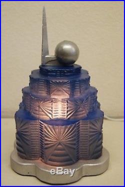 Antique Art Deco Nouveau Ny Worlds Fair Skyscraper Glass Shade Boudoir Blue Lamp