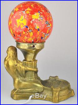 Antique Art Deco Nude Figural Lamp Czech Glass End Of Day Globe Shade Rewired
