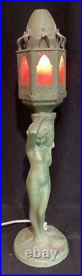 Antique Art Deco Nude Lady Lamp Mica Egyptian Revival Shade Frankart Green