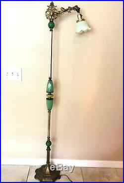 Antique Art Deco Oriental Knight Bridge Arm Floor Lamp Cast Iron Brass Art Glass