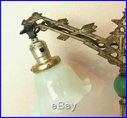 Antique Art Deco Oriental Knight Bridge Arm Floor Lamp Cast Iron Brass Art Glass
