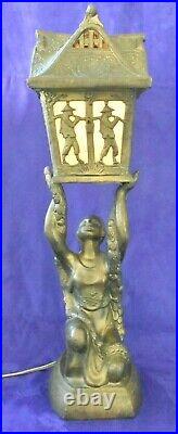 Antique Art Deco Orientalist La Belle Specialty Maiden Woman Slag Glass Lamp
