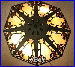 Antique Art Deco Ornate Beige Stained Slag Glass Metal Table Lamp 22