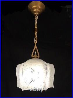 Antique Art Deco Pendant Light Lamp Ceiling Fixture Wheel Cut Art Glass Shade