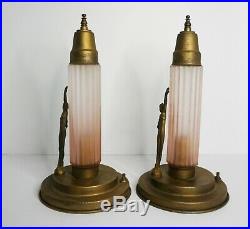 Antique Art Deco Pink Glass Brass Skyscraper Bullet Pair Lamps Woman