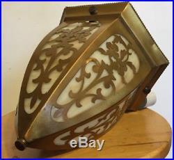 Antique Art Deco Slag Glass Crafts Man Cut Brass Hanging Pendant Light Lamp