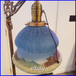 Antique Art Deco Uranium Glass & Brass Floor Lamp With Original Painted Shade
