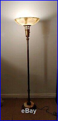 Antique Art Deco Vintage Torchiere Floor Lamp with Glass shade & marble base