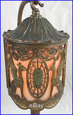 Antique Art Deco Winged Griffin Indian Statue Figural Old Slag Glass Lamp WORKS