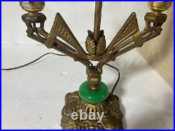 Antique Art Deco green glass agate candelabra table lamp two arm light