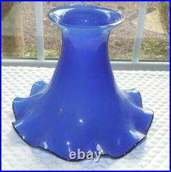 Antique Art Glass Fluted Tulip Blue Cased Glass Lamp Shade Black Edge Czech
