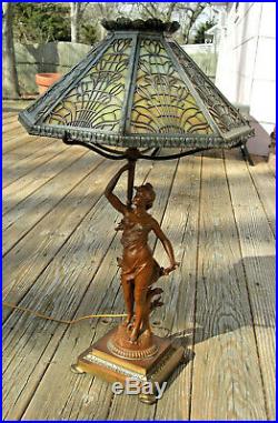 Antique Art Nouveau 1900's Miller Lamp Co. FIGURAL 8-Panel Slag Glass Lamp