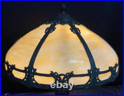 Antique Art Nouveau 8 Panel Slag Glass Metal Filigree Lamp Shade 19D 8H
