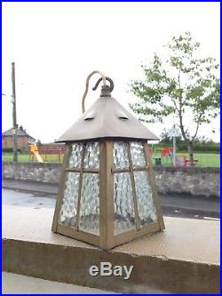 Antique Art Nouveau / Arts & Crafts Brass & Glass Lantern Lamp Porch Hall Light