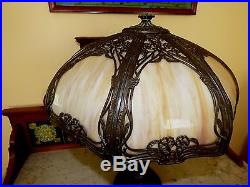 Antique Art Nouveau Arts Crafts Large Slag Glass Table Lamp Caramel 8 Panels