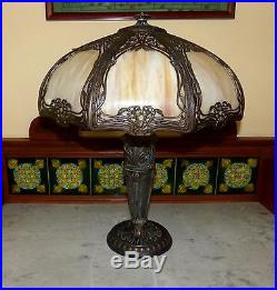 Antique Art Nouveau Arts Crafts Large Slag Glass Table Lamp Caramel 8 Panels