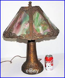 Antique Art Nouveau / Arts & Crafts Purple & Green Swirl Slag Glass Table Lamp