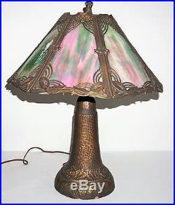 Antique Art Nouveau / Arts & Crafts Purple & Green Swirl Slag Glass Table Lamp
