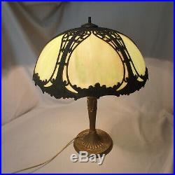 Antique Art Nouveau Bent Curved Green Slag Glass Shade Table Lamp with 6 Panels