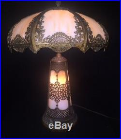 Antique Art Nouveau Bent Slag Glass Table Lamp with Lighthouse Base