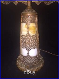 Antique Art Nouveau Bent Slag Glass Table Lamp with Lighthouse Base