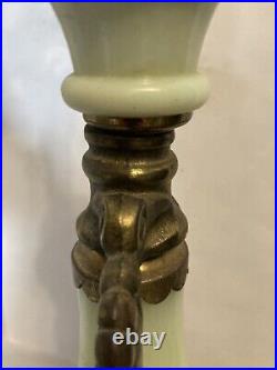 Antique Art Nouveau Birds Ship Bridge Brass Arm Milk /Jadeite Table Lamp Works