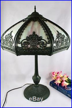 Antique Art Nouveau Blue 8 Panel Slag Glass Table Lamp Signed