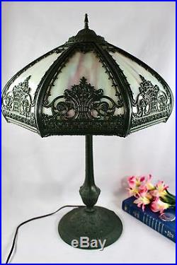 Antique Art Nouveau Blue 8 Panel Slag Glass Verdigris Table Lamp Signed
