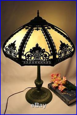 Antique Art Nouveau Blue 8 Panel Slag Glass Verdigris Table Lamp Signed