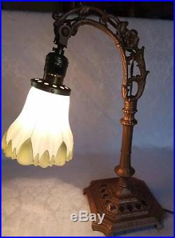 Antique Art Nouveau Bridge Table Lamp withTulip Hand Painted Glass Shade Beautifu